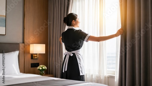 Smiling Hotel Maid Opening Curtains in Elegant Guest Room With Sunlight
