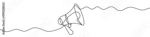Megaphone or loudspeaker, made in one continuous line. Minimalistic symbol of marketing, announcement, or attracting attention. Vector illustration.