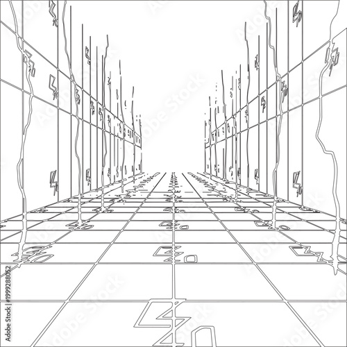 Perspective grid corridor with lightning bolt symbols