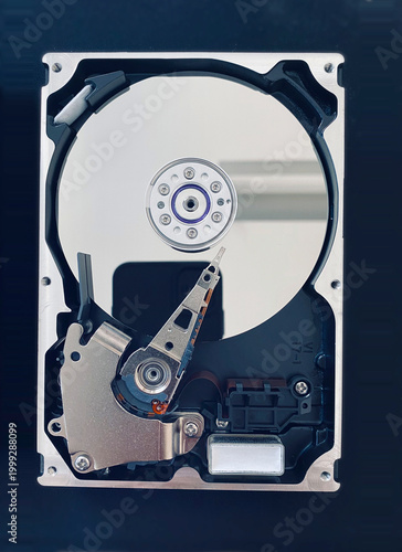 Close-up view of a disassembled single-platter vintage hard drive