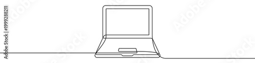 Open laptop, made in one continuous line. Minimalistic symbol of freelancing, online education, or modern digital technology. Vector illustration.