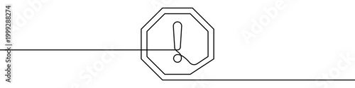 Exclamation mark in an octagon, made in one continuous line. Minimalistic symbol of warning, attention, or important notification. Vector illustration.