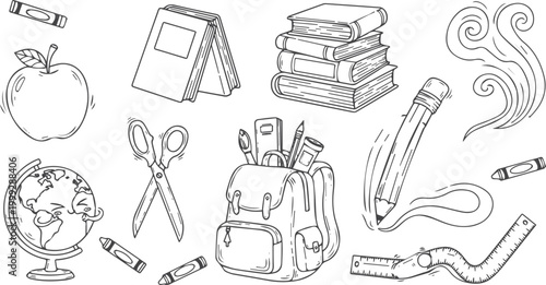 School supplies doodle set with backpack, books, and globe