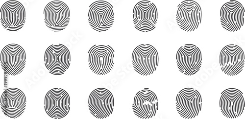 Set of eighteen black fingerprint on white background