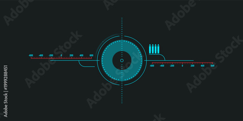 Futuristic HUD interface with digital crosshair, circular target scanner, ammo indicator and measurement scale. Neon sci-fi user interface element in cyberpunk style for game UI, virtual display, tech