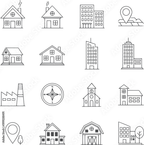 Set of line houses, buildings, factory, compass, church, barn, map pin