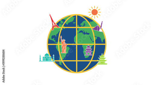 Colorful globe featuring famous landmarks and sun illustration  