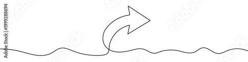 Curved arrow pointing up and to the right, made in one continuous line. Minimalistic symbol of growth, progress, or redirection. Vector illustration.