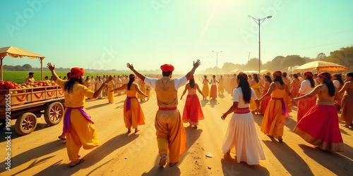 Group of people dancing in traditional outfits during a festival with festival celebration traditional clothing costumes happiness movement performance community gathering daylight cultural