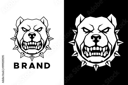 Bold Geometric Pitbull Dog Head Spiked Collar Mascot Logo Minimalist Black and White Line Art Vector Template