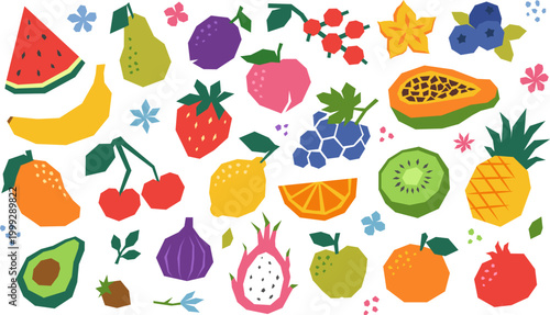 Fruit set featuring colorful fresh fruits, berries and leaves, cut-out style on white background.