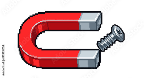 Horseshoe magnet attracting a metal screw.
