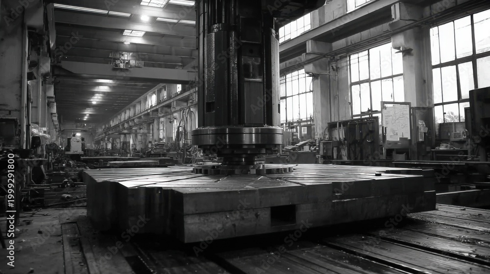 Fototapeta premium Massive industrial milling machine in a dimly lit factory workshop, demonstrating heavy-duty manufacturing precision.