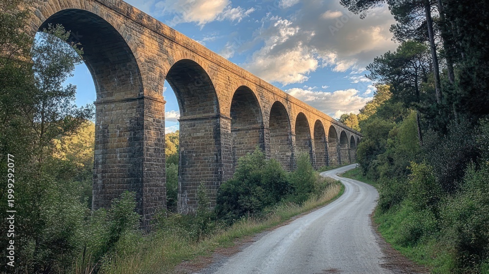 Fototapeta premium sunlit stone viaduct with repeating arches beside a winding gravel country road through green woodland under a blue sky — peaceful and timeless scene