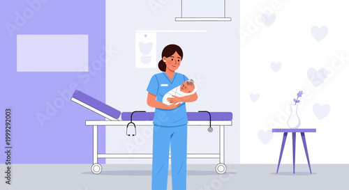 Nurse Holding Newborn Baby in Hospital Maternity Care Healthcare Illustration