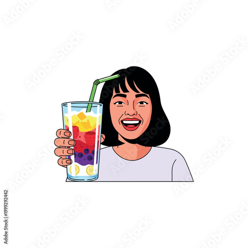 A woman holds up a colorful fruit infused drink with a straw smiling.