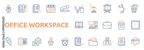 Office Workspace icon set color outline style with presentation board, document, calendar, staple, marker, telephone, email icons