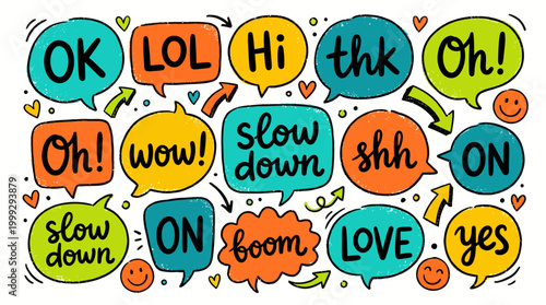 Colorful cartoon speech bubble collage with popular phrases and onomatopoeia, a playful typography illustration for comics, stickers, and social media design.