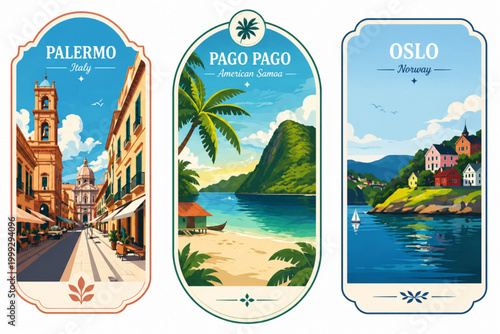 Fotografie Travel destination labels: Palermo, Pago Pago, and Oslo vector illustration