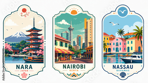 travel destination badges for nara nairobi nassau flat design vector illustration