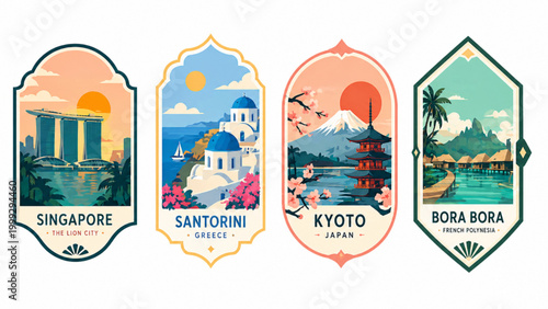 Set of Travel Destination Badges: Singapore, Santorini, Kyoto, Bora Bora Vector Illustration