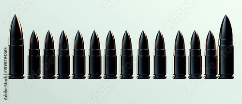 symmetrical row of thirteen black bullets of varying sizes with reflective metallic highlights on a pale gradient background evoking tension and precision