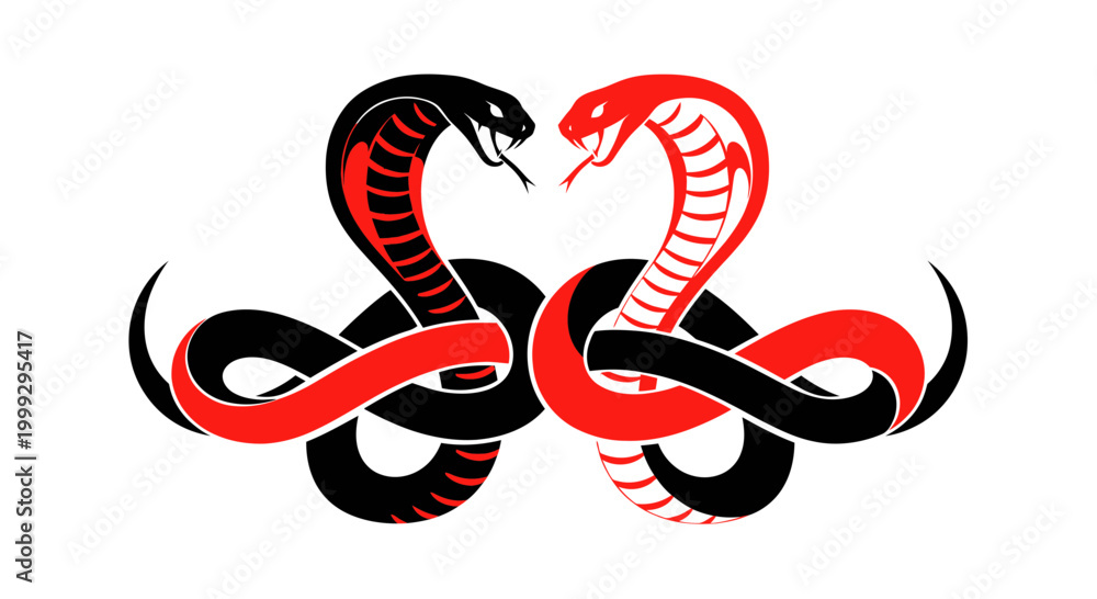 Obraz premium Two Cobras Intertwined, Red and Black, Yin Yang Symbolism, Tattoo Design