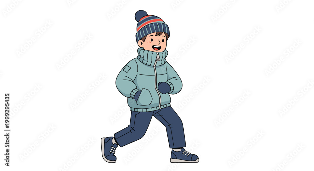 Fototapeta premium Happy young boy in a thick winter coat, boots, and a colorful striped beanie is walking briskly on a cold and snowy day for outdoor fun.