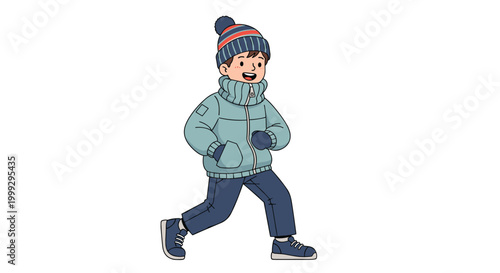 Happy young boy in a thick winter coat, boots, and a colorful striped beanie is walking briskly on a cold and snowy day for outdoor fun.