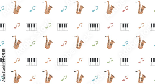 Seamless pattern of saxophones, piano keys, and musical notes on white background.