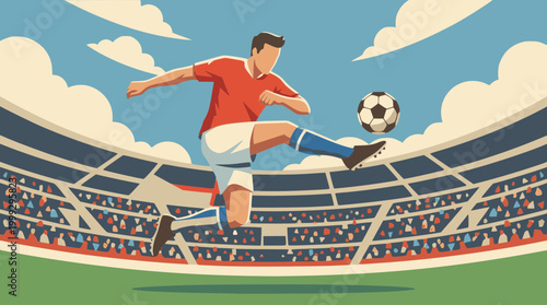 Vector professional soccer player jumping to kick ball in crowded stadium arena under blue sky
