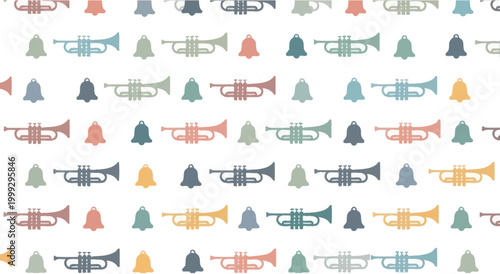 Seamless pattern of trumpets and bells, musical instruments, pastel colors
