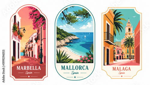 Spanish Coastal Cities Vector Art: Marbella, Mallorca, Malaga Travel Labels