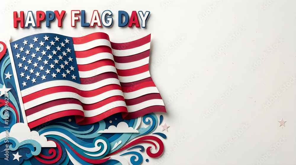Obraz premium Festive Happy Flag Day Greeting Background with American Flags and Patriotic Wave Design