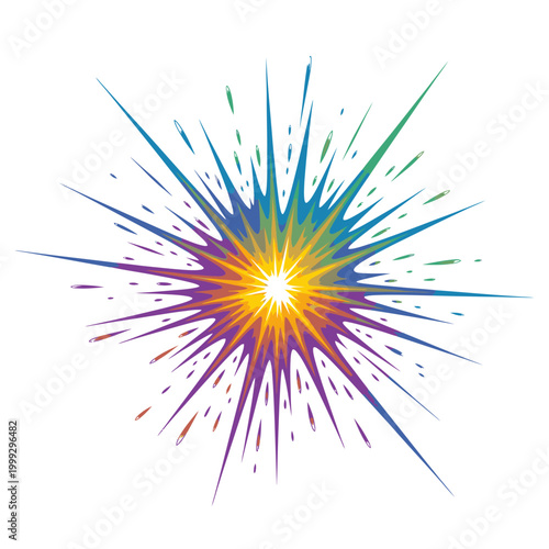 Vibrant colorful explosion of light and energy on white background