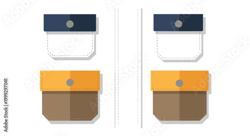 Illustration of utility jacket pockets in contrasting navy, white, and orange colors with button details on a clean white background