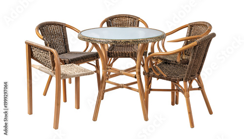 Outdoor set four woven chairs around a round table, clear top, natural wood
