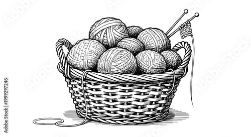Detailed black and white illustration of a woven basket filled with knitting wool and needles, showcasing intricate textures and shading on a white background