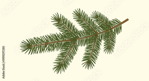 Realistic green spruce or pine branch with multiple small needles is shown from an angled perspective against a soft pale yellow background.
