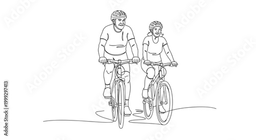 Line art illustration of a senior couple riding bicycles together, showcasing dynamic movement and companionship on a minimalist white background