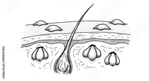 Detailed black and white illustration of skin cross-section showing hives and hair follicles, highlighting dermatological features with clear line art