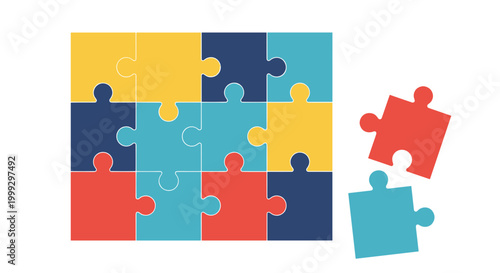 Colorful jigsaw puzzle pieces on a white table background, featuring blue, red, and yellow interlocking parts with two pieces set aside