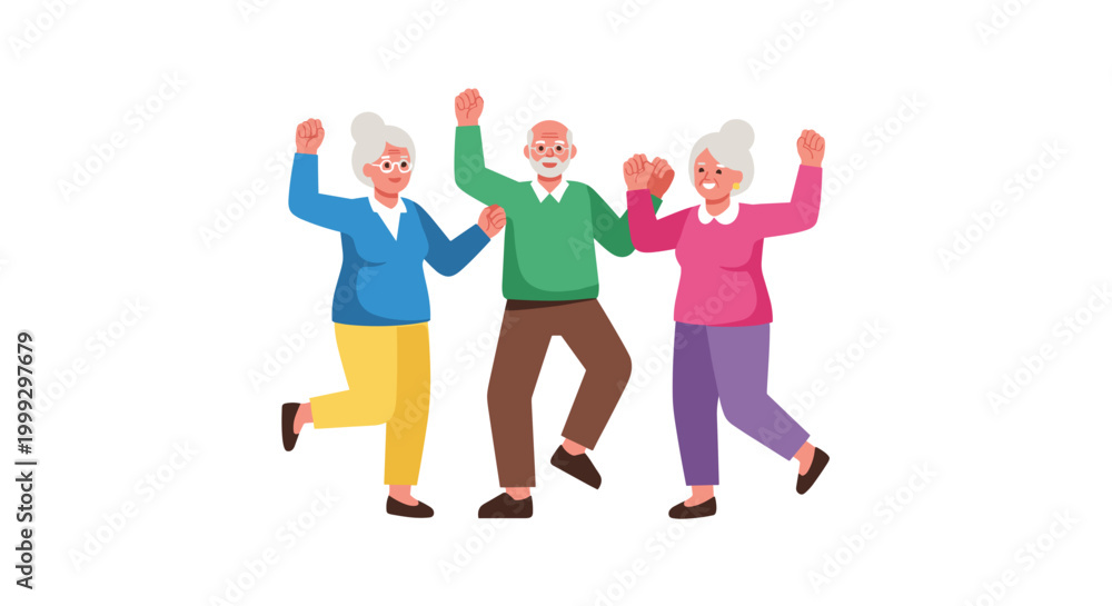 Fototapeta premium Joyful seniors dancing together in colorful outfits, celebrating with lively expressions on a white background