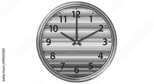 Silver wall clock with bold black numbers and hands showing midnight against a striped gray background, emphasizing time and urgency