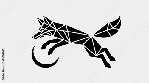 Geometric fox jumping over moon – Ideal for whimsical branding, children's book logos, or creative night-themed graphics.