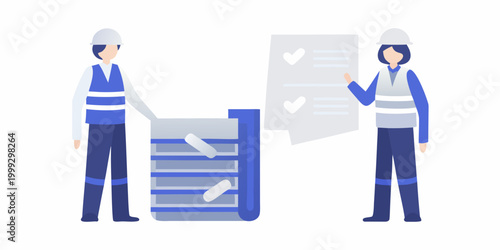 Construction workers discussing safety checklist flat vector illustration