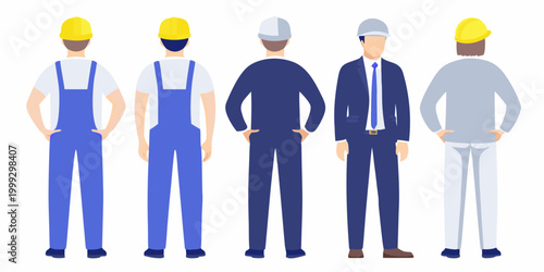 Line of construction workers and professionals flat vector illustration