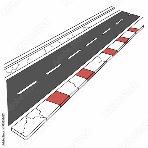 Road segment illustration with dashed and solid lane markings high quality