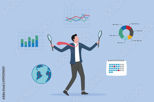 Smart businessman analyst holding magnifying glass analyze graph and chart, investment data or sale information concept, business analysis, calculate or research for market growth, financial report.
