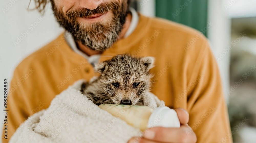 Naklejka premium A caring man tenderly holds a baby fox wrapped in a blanket, highlighting the bond between humans and wildlife, and conveying love and compassion for animals.